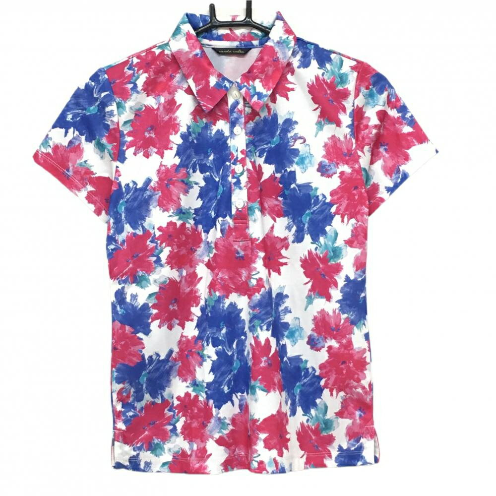 【超美品】リエンダスエルタ 半袖ポロシャツ 白×ピンク×ブルー 花柄 レディース S ゴルフウェア rienda suelta