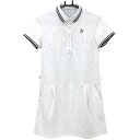 マンシングウェア 半袖ポロワンピース 白×ネイビー スナップボタン 地模様 レディース M ゴルフウェア Munsingwear
