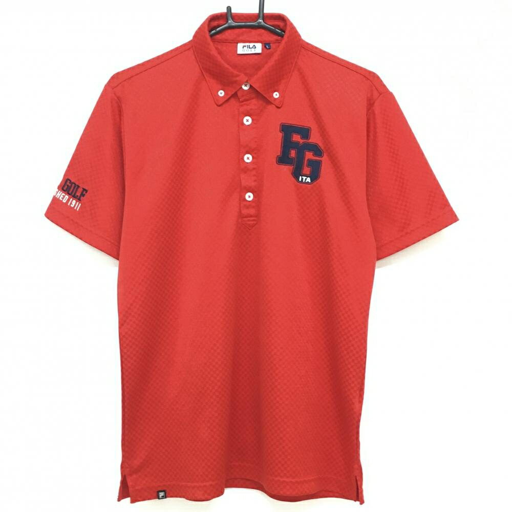 FILA Golf - フィラゴルフ 半袖ポロシャツ レッド ブロックチェック柄織生地 ボタンダウン ロゴ刺しゅう メンズ L ゴルフウェア FILA GOLF