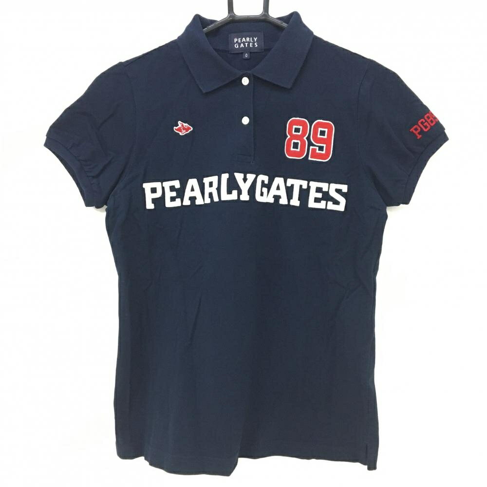 PEARLY GATES - パーリーゲイツ 半袖ポロシャツ ネイビー×白 襟裏プリント フェルトロゴワッペン レディース 0(S) ゴルフウェア PEARLY GATES