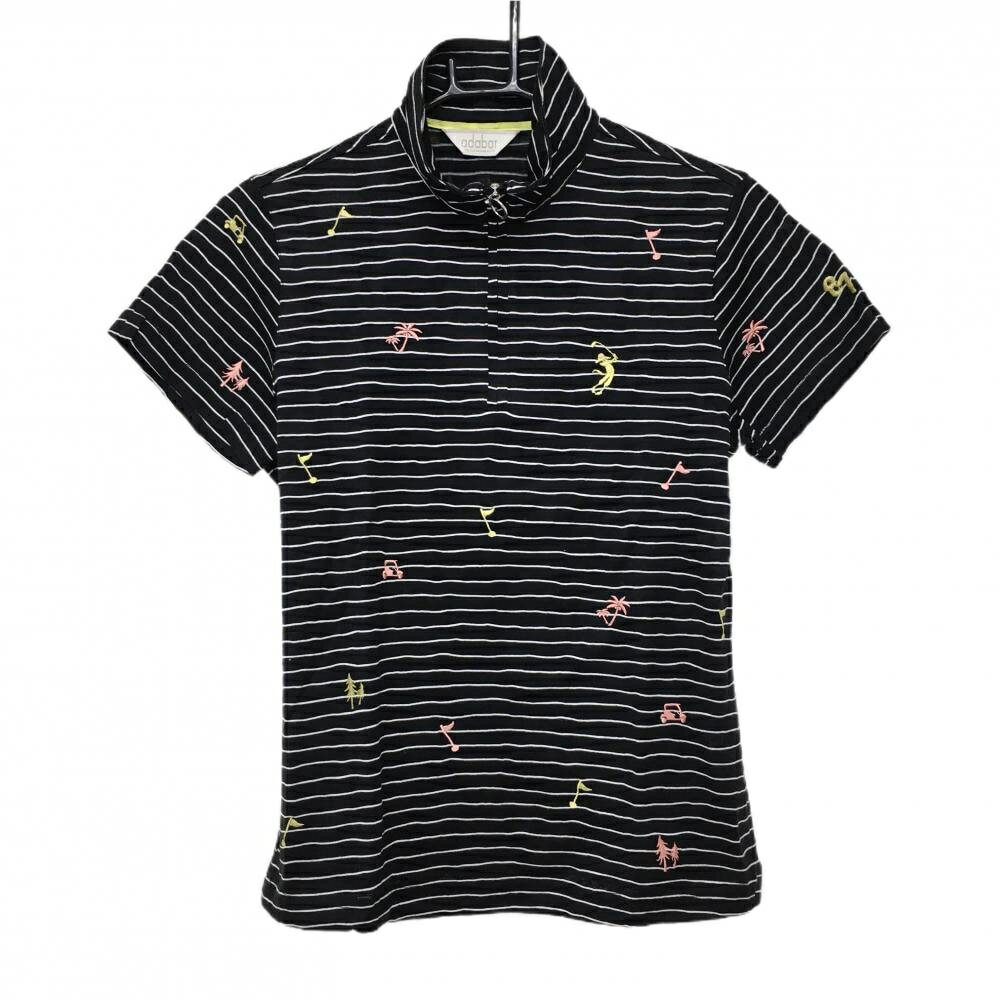 Adabat - 【美品】アダバット 半袖ハイネックシャツ 黒×白 ボーダー ヤシの木刺しゅう ハーフジップ レディース 38(M) ゴルフウェア adabat