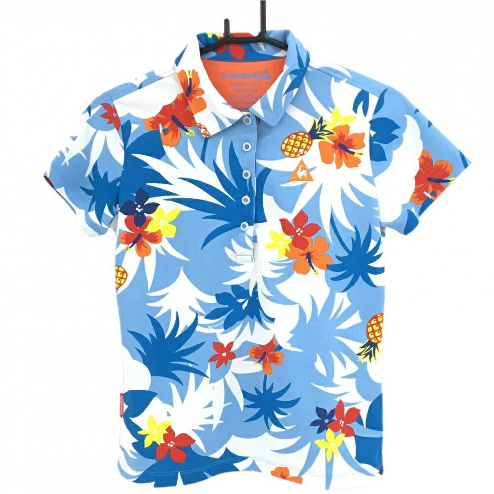 【超美品】ルコック 半袖ポロシャツ ライトブルー×白 ハイビスカス柄 ロゴ刺しゅう レディース M ゴル..