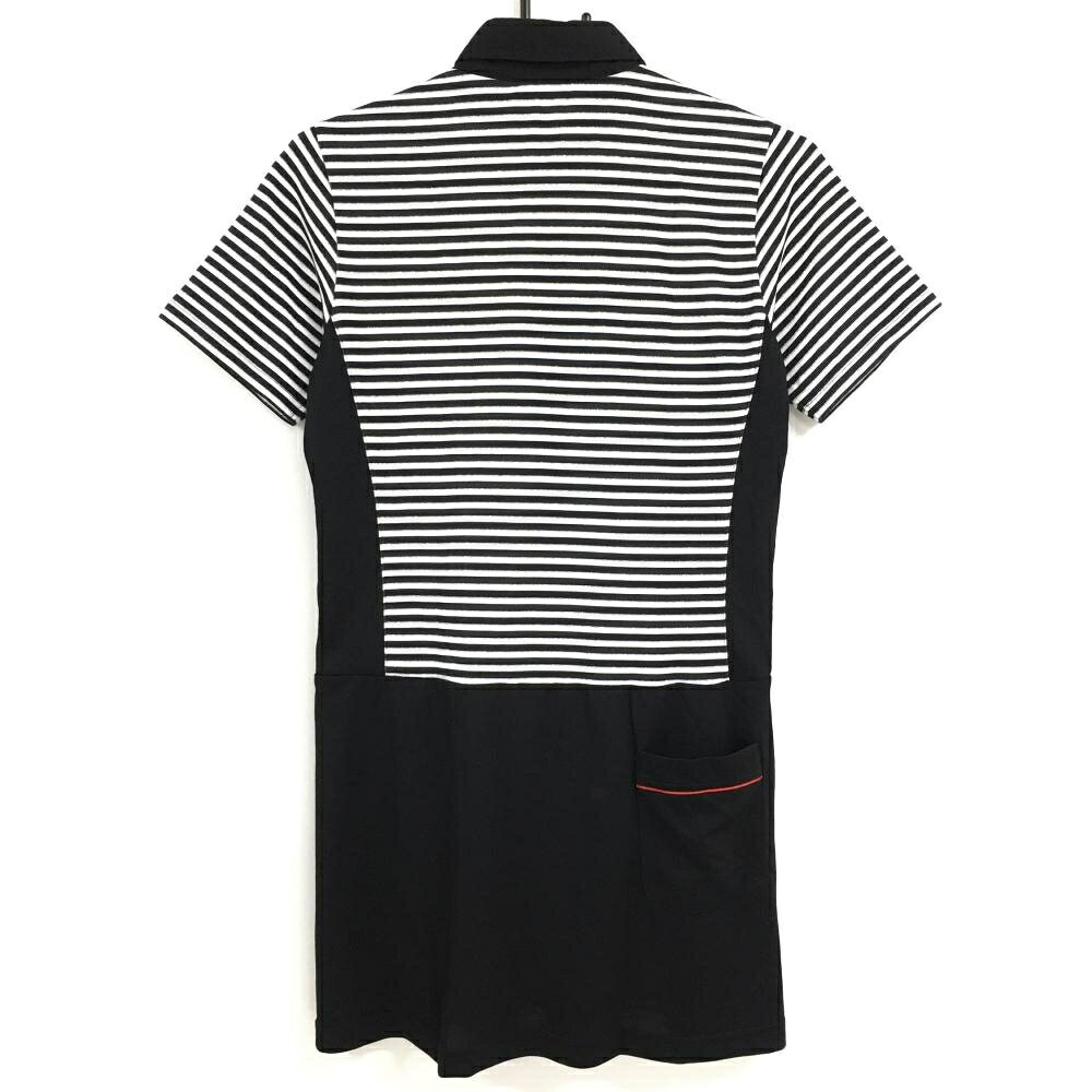 【美品】マリクレールスポール 半袖ポロワンピース 黒×白 ボーダー柄 胸元ロゴ レディース M ゴルフウェア marie claire