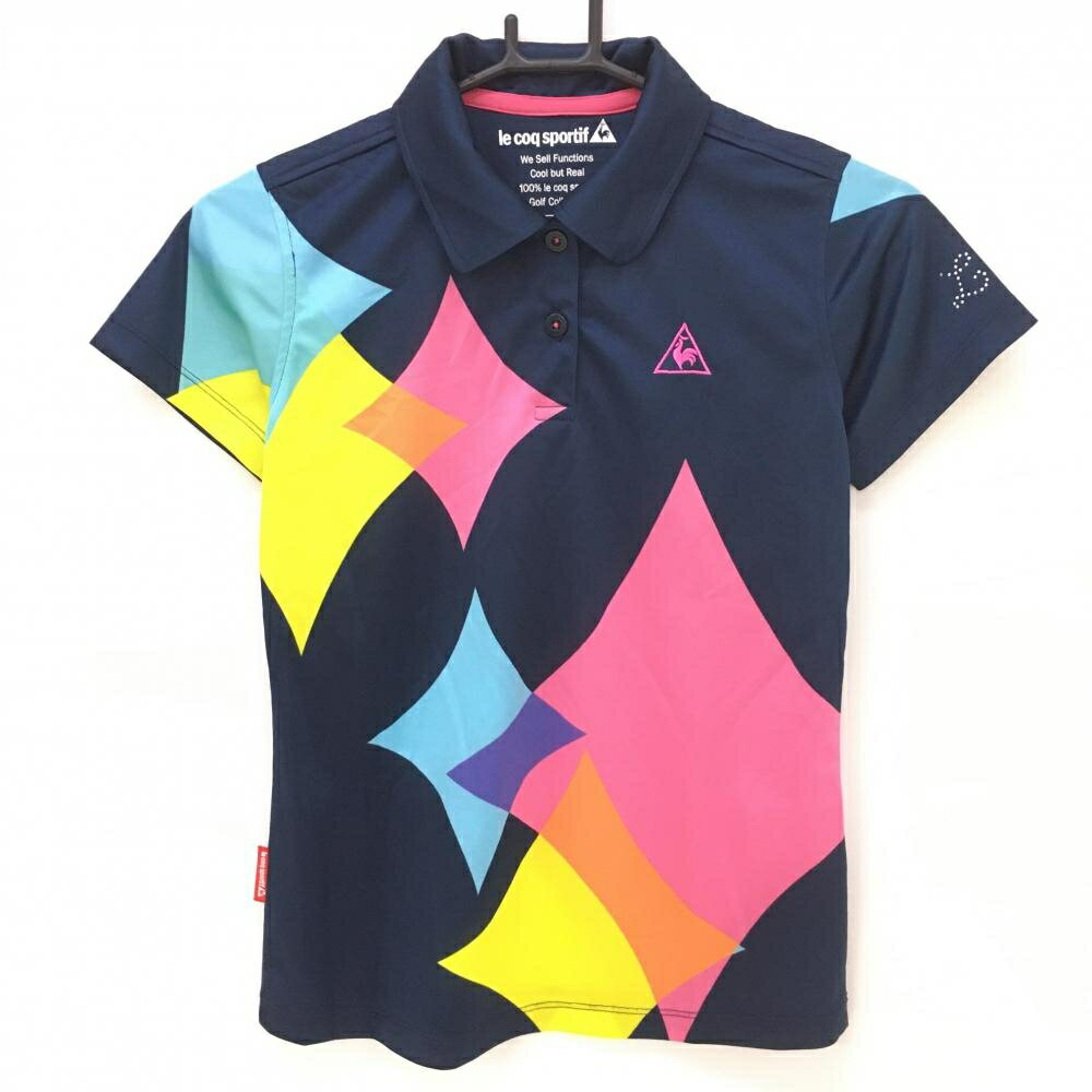 Le Coq - ルコック 半袖ポロシャツ ネイビー×ピンク ダイヤ柄 袖ラインストーン レディース S ゴルフウェア le coq sportif