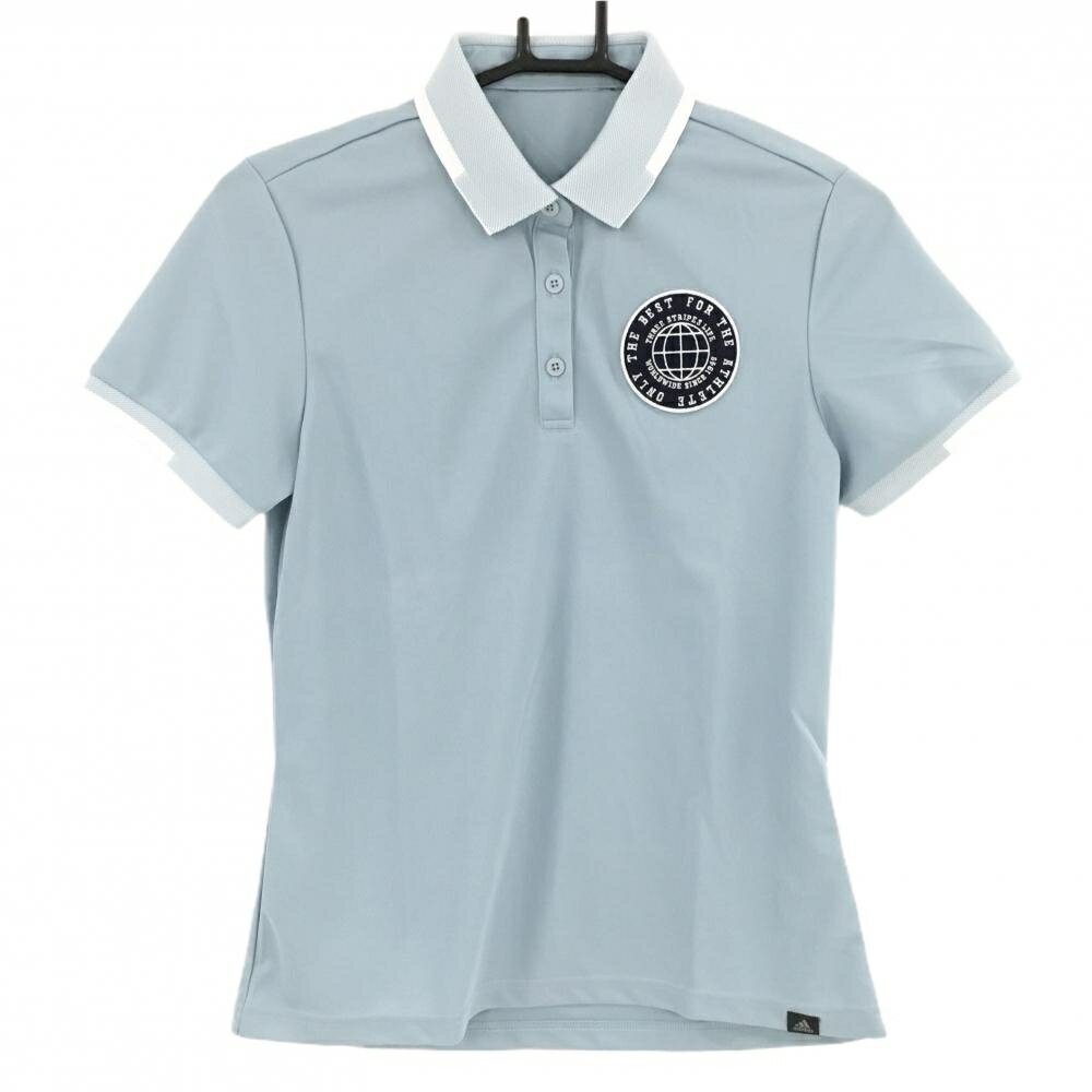 【美品】アディダス 半袖ポロシャツ ライトブルー×白 胸ワッペン レディース ゴルフウェア adidas