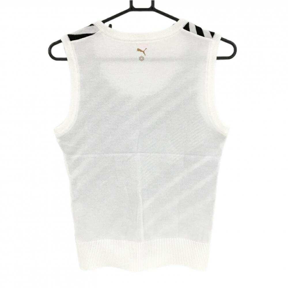 【超美品】プーマ ニットベスト 白×黒 前面斜めストライプ アクリル混 レディース M ゴルフウェア PUMA