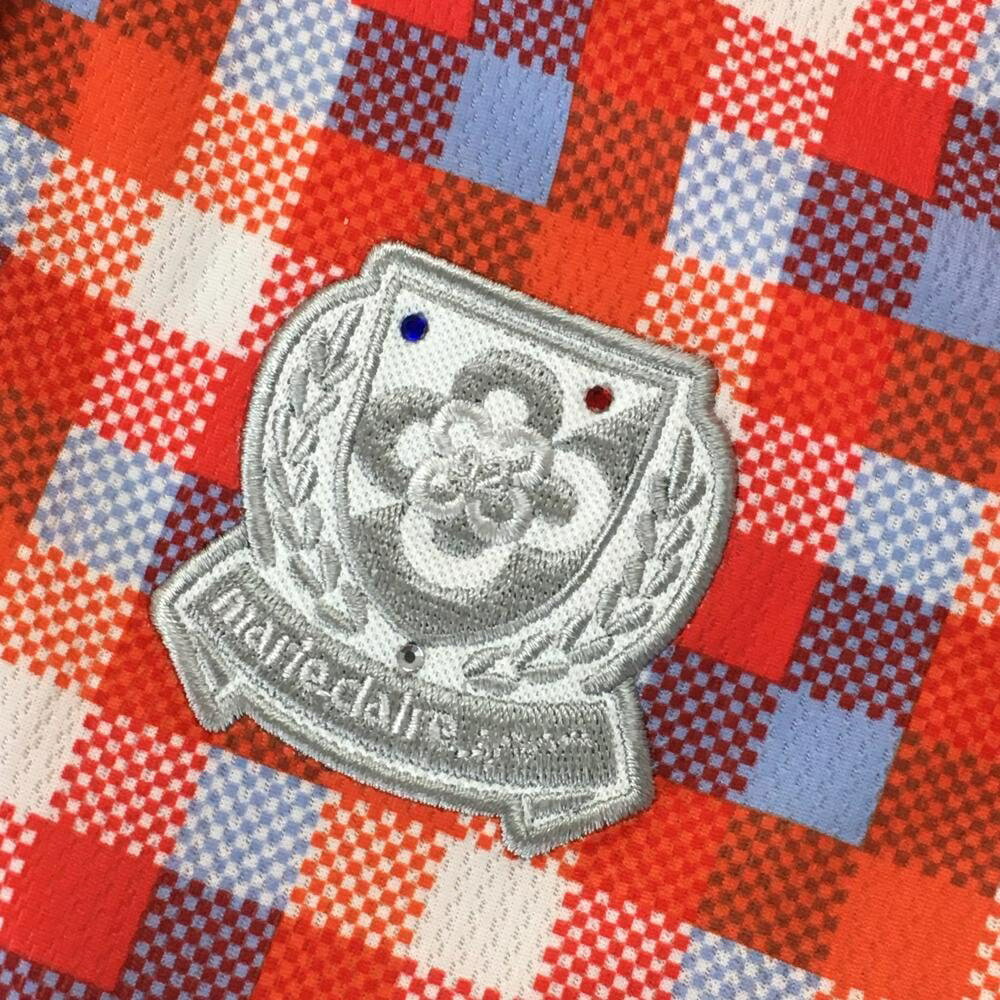 マリクレール 半袖ハイネックシャツ オレンジ×白×レッド ブロックチェック スナップボタン レディース M ゴルフウェア marie claire