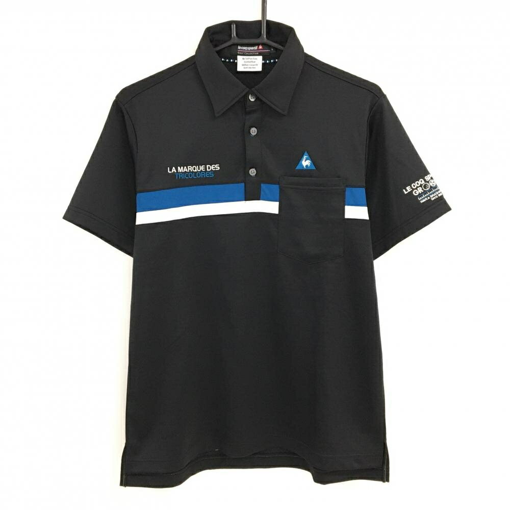【超美品】ルコック 半袖ポロシャツ 黒×ブルー 胸元ライン 胸ポケット 厚手 メンズ L ゴルフウェア le coq sportif