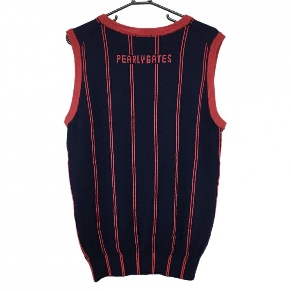 【超美品】パーリーゲイツ ニットベスト ネイビー×レッド ストライプ ウール100％ Vネック メンズ 6(XL) ゴルフウェア PEARLY GATES