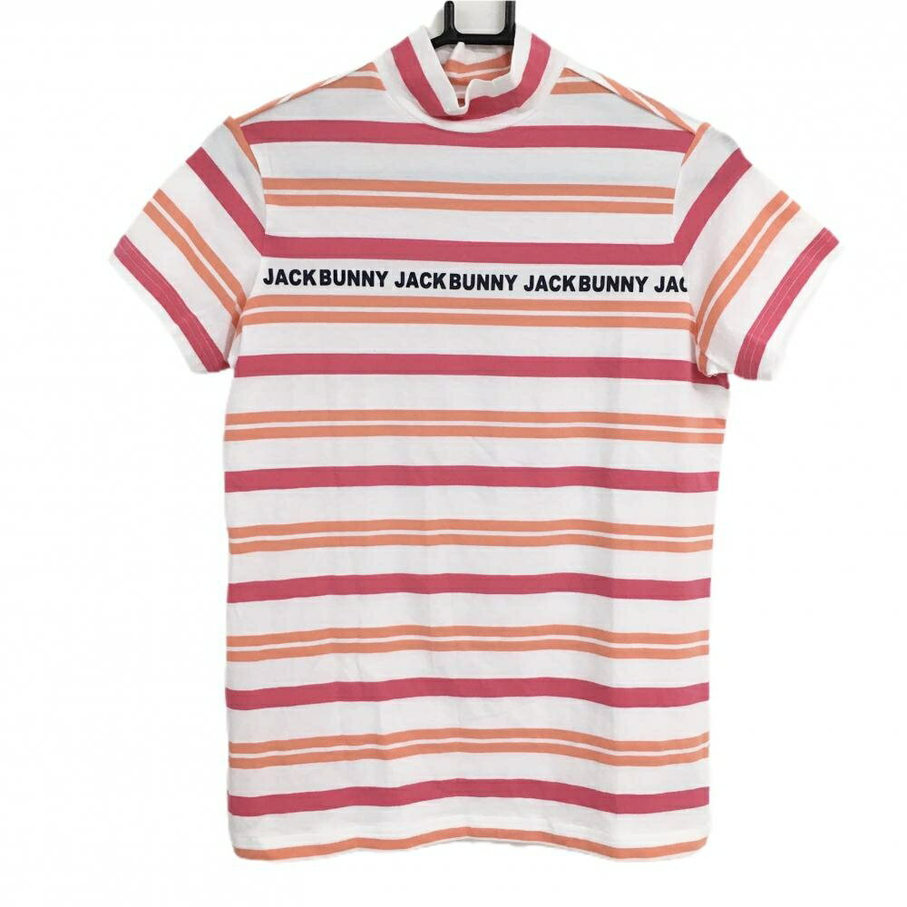 Untitled Sport - 【超美品】ジャックバニー 半袖ハイネックシャツ 白×ピンク ボーダー 胸元ロゴ レディース 1(M) ゴルフウェア 2021年モデル Jack Bunny
