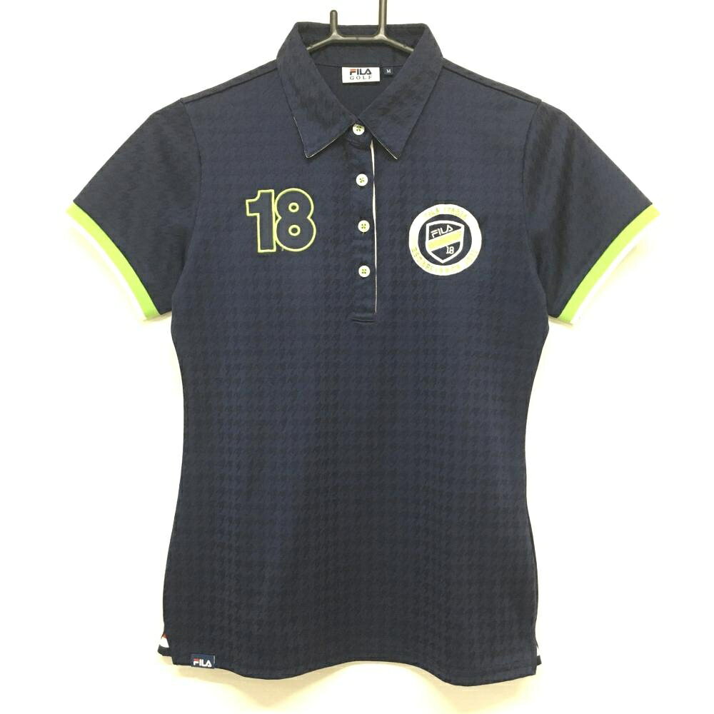 Polo Shirt - 【超美品】フィラゴルフ 半袖ポロシャツ ネイビー×ライトグリー 千鳥格子地模様 ロゴ刺しゅう レディース M ゴルフウェア FILA GOLF