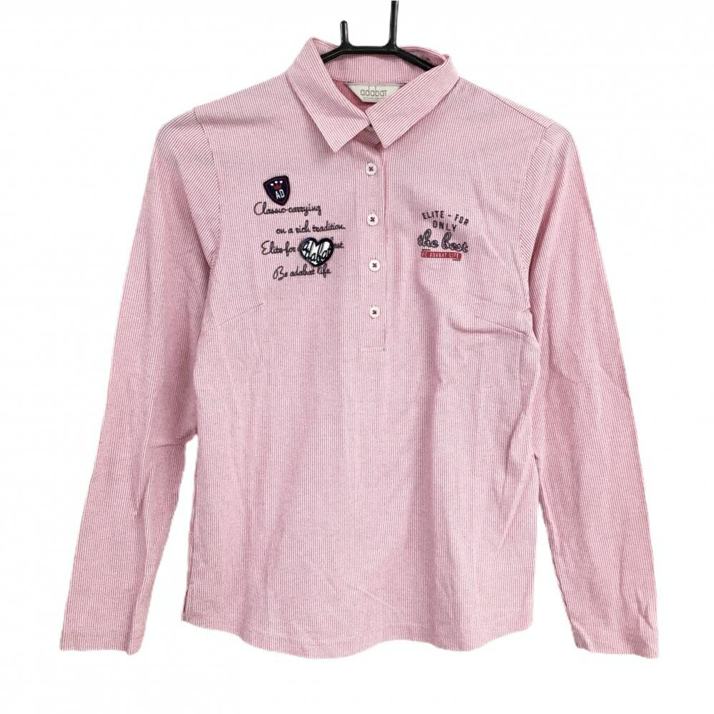 Adabat - 【美品】アダバット 長袖ポロシャツ ピンク×白 ストライプ ロゴワッペン レディース 38(M) ゴルフウェア adabat