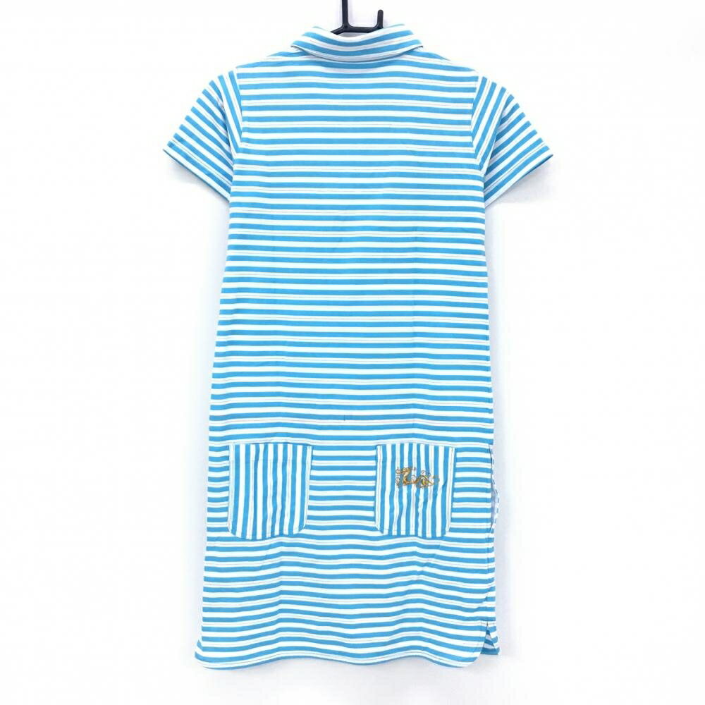 ダンスウィズドラゴン 半袖ポロワンピース ライトブルー×白 ボーダー スパンコールロゴ レディース 2(M) ゴルフウェア Dance With Dragon