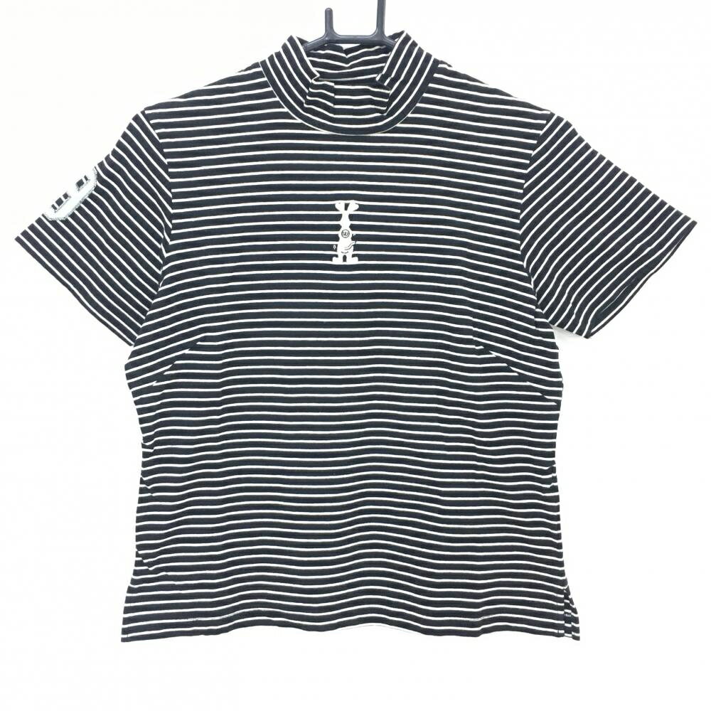 【超美品】MUスポーツ 半袖ハイネックシャツ 黒×白 ボーダー コットン混 レディース 40(M) ゴルフウェア M・U SPORTS