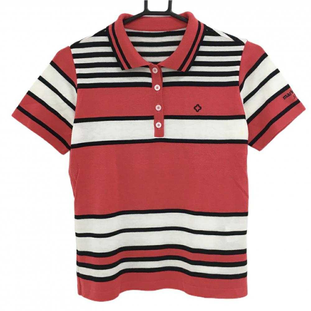 【美品】マリクレール 半袖ポロシャツ レッド×白 ボーダー柄 ロゴ刺しゅう レディース ゴルフウェア marie claire