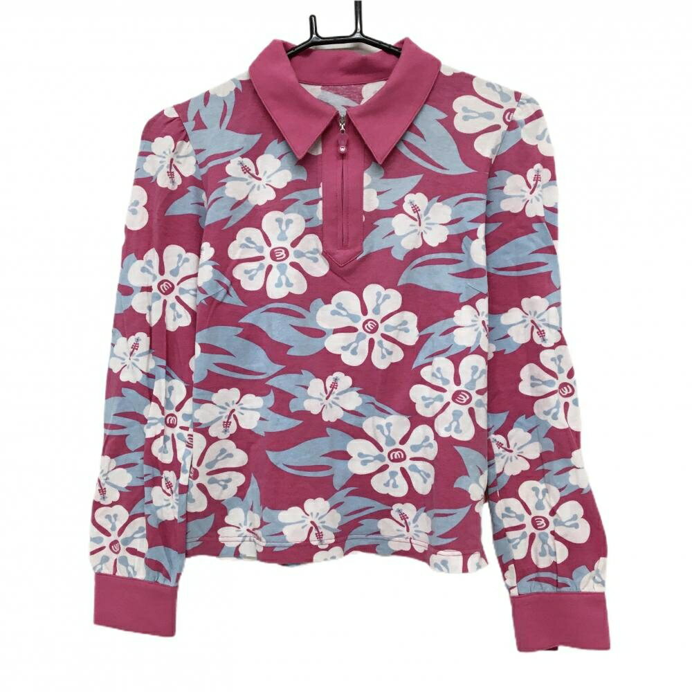 MUスポーツ 長袖ポロシャツ ピンク×ライトブルー 花柄 ハーフジップ レディース 40(M) ゴルフウェア M・U SPORTS