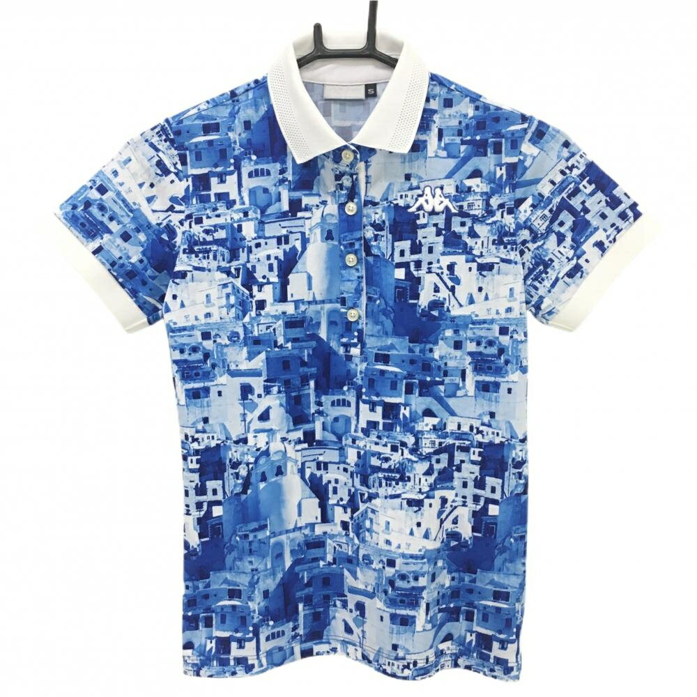 Kappa - 【美品】カッパ 半袖ポロシャツ 白×ブルー 総柄地模様 胸元ロゴ レディース S ゴルフウェア Kappa