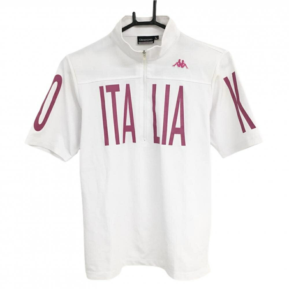 カッパ 半袖ハイネックシャツ 白×パープルピンク ハーフジップ ロゴ刺しゅう レディース L ゴルフウェア Kappa