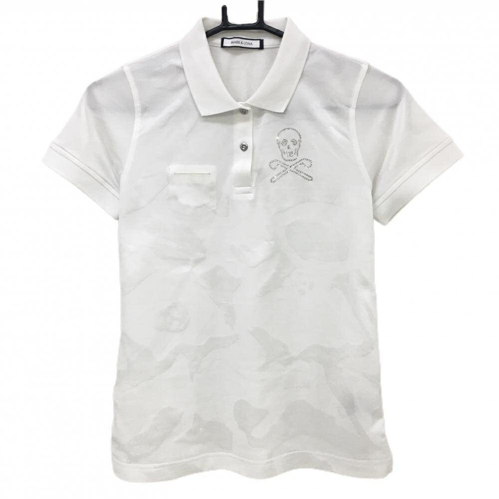 マークアンドロナ 半袖ポロシャツ 白 迷彩織生地 カモフラ スカル レディース 38(S) ゴルフウェア MARK＆LONA