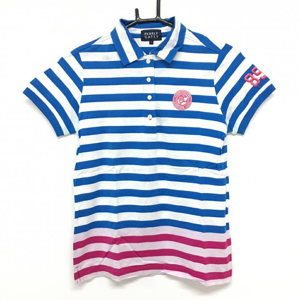 PEARLY GATES - パーリーゲイツ 半袖ポロシャツ 白×ブルー×ピンク ボーダー レディース 1(M) ゴルフウェア PEARLY GATES