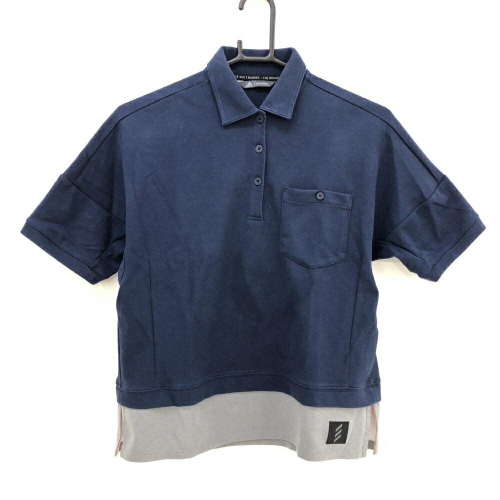 アディダス 半袖ポロシャツ ネイビー×グレー レイヤード風 レディース S ゴルフウェア adidas