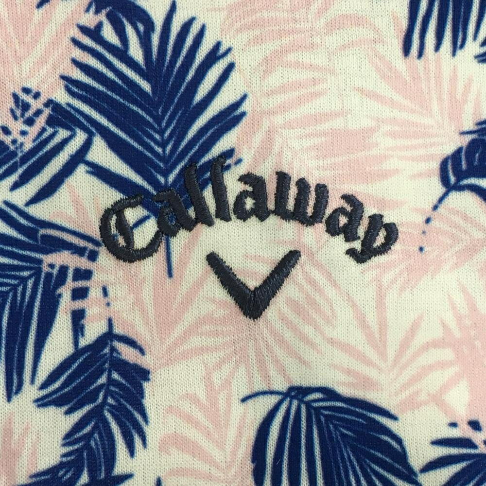 【超美品】キャロウェイ 半袖ポロシャツ 白×ピンク リーフ柄 ロゴ刺しゅう レディース M ゴルフウェア Callaway