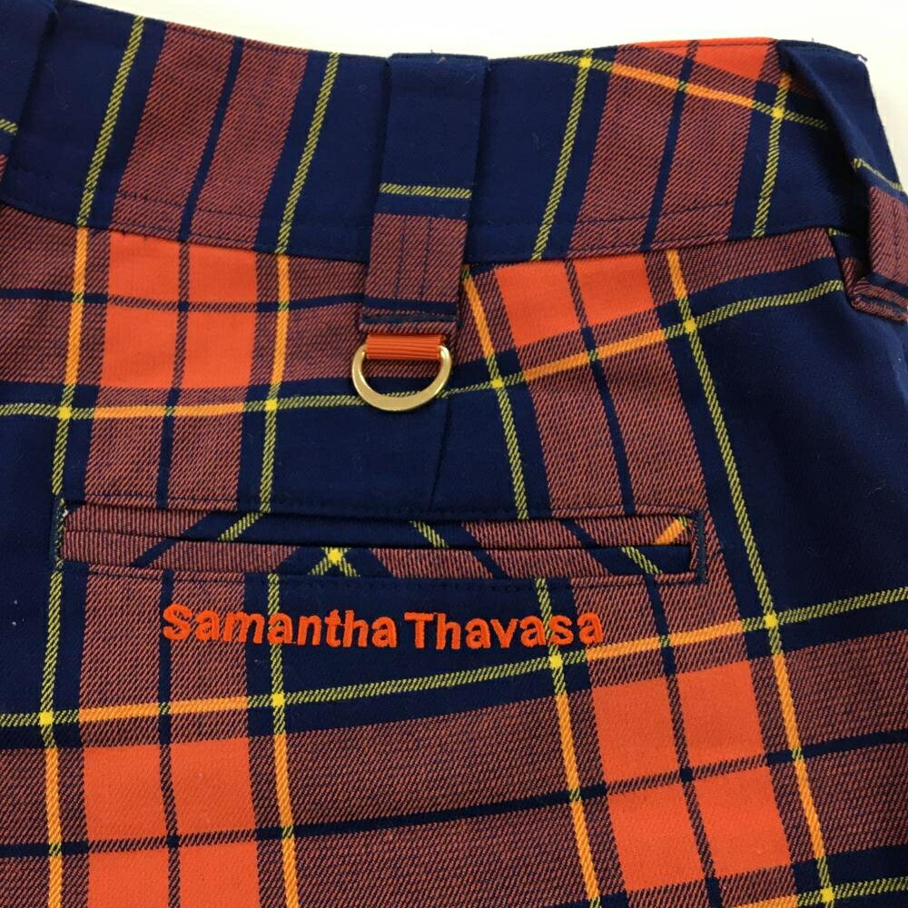 【美品】サマンサタバサUNDER25 ショートパンツ ネイビー×オレンジ チェック ストレッチ レディース S ゴルフウェア Samantha Thavasa