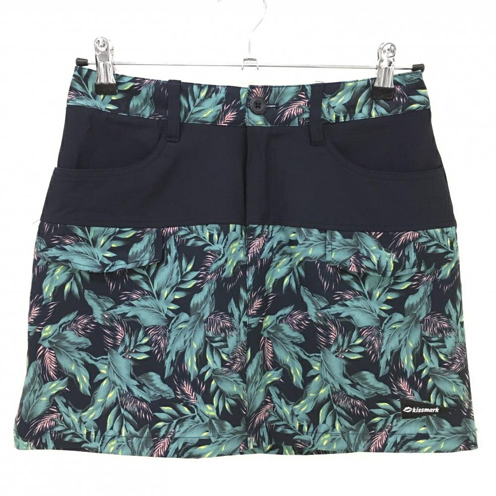 【超美品】キスマーク スカート ネイビー×ライトブルー 一部リーフ柄 レディース 7 ゴルフウェア Kissm..