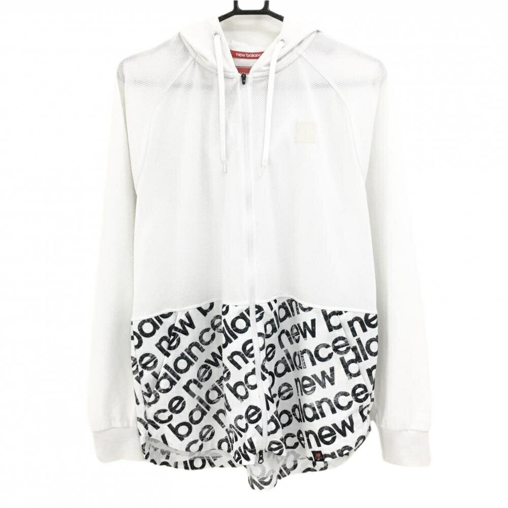 【当店ポイント5倍！6/4 20:00〜6/11 1:59まで】【美品】ニューバランスゴルフ メッシュジップパーカー 白×黒 裾ロゴ総柄 ジャケット メンズ 5(L) ゴルフウェア New Balance