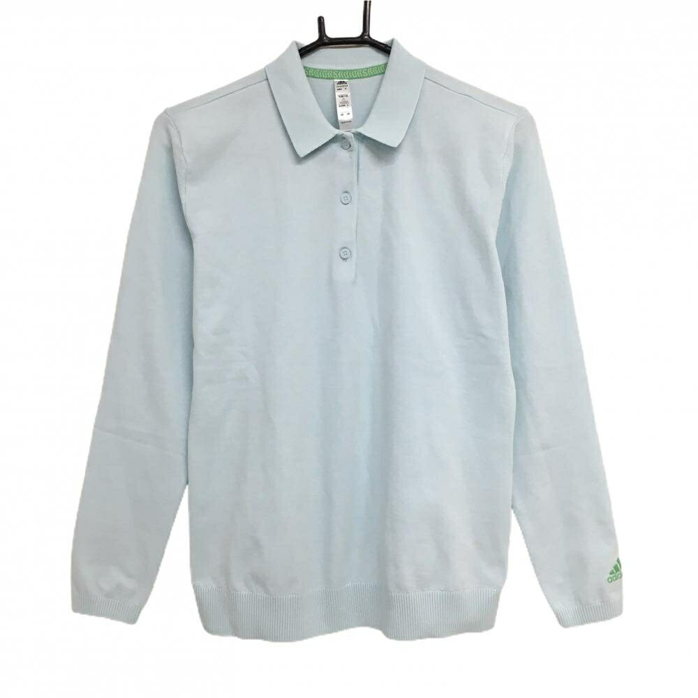 アディダス 長袖ニットポロシャツ ライトブルー 袖ロゴ刺しゅう レディース L ゴルフウェア adidas
