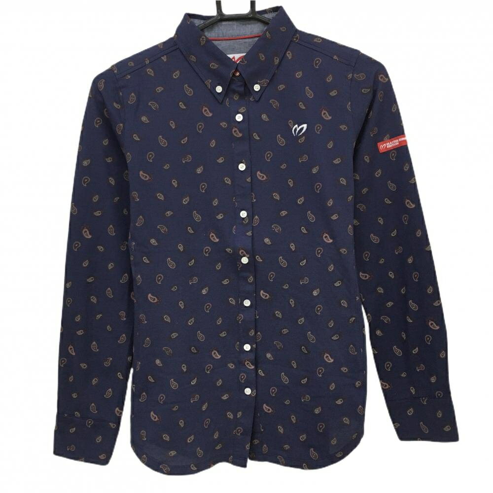 【超美品】マスターバニー 長袖シャツ ネイビー×ブラウン ペイズリー柄 ボタンダウン レディース 0(S) ゴルフウェア MASTER BUNNY EDITION