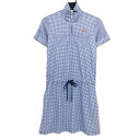 【美品】アディダス 半袖ハイネックワンピース 白×ネイビー ギンガムチェック ハーフジップ レディース M/M ゴルフウェア adidas