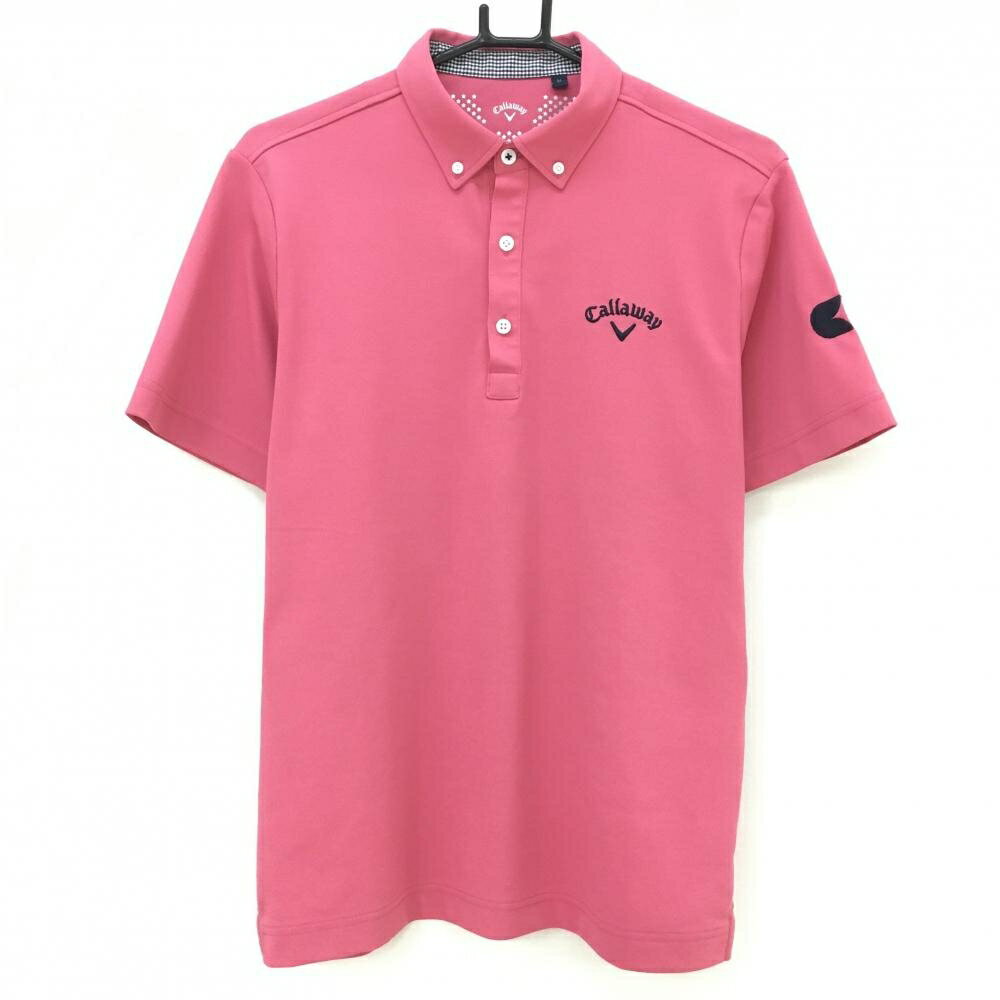 【超美品】キャロウェイ 半袖ポロシャツ ピンク ロゴネイビー ボタンダウン メンズ M ゴルフウェア 2024年モデル Callaway