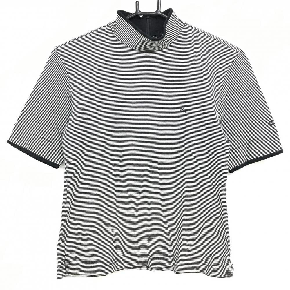 【美品】23区スポーツ 半袖ハイネックシャツ 白×黒 ボーダー 後ろハーフジップ コットン100％ レディース M ゴルフウェア 23区