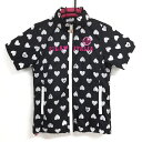 【美品】フィラゴルフ 2WAY半袖ジャケット 黒×白 ハート総柄 ピンドット地模様 フード収納可 レディース M ゴルフウェア FILA GOLF