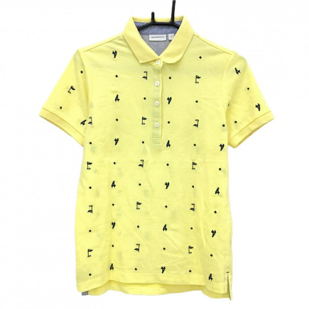 Ashworth - 【超美品】アシュワース 半袖ポロシャツ イエロー×ネイビー スクエアドット×英字柄刺しゅう レディース L ゴルフウェア ASHWORTH