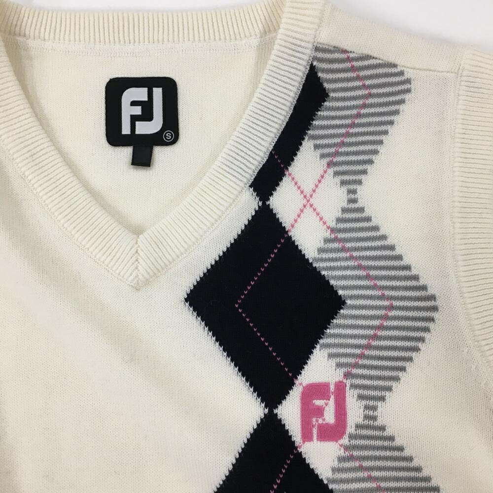 【超美品】フットジョイ ニットベスト 白×ネイビー 一部アーガイル柄 ウール混 Vネック レディース S ゴルフウェア FootJoy