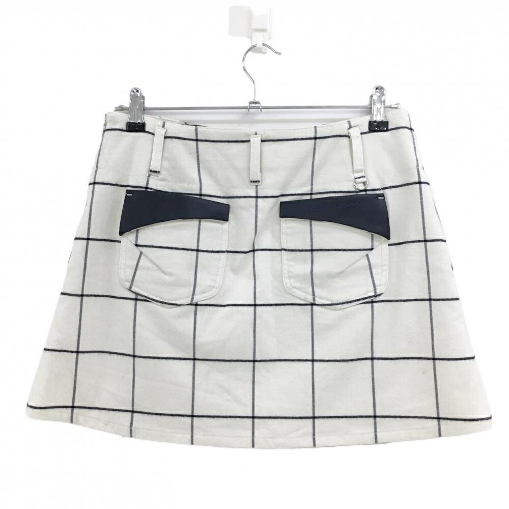 ヒールクリーク ニットスカート 白×ネイビー 格子チェック 一部合皮 レディース 42(L) ゴルフウェア Heal Creek