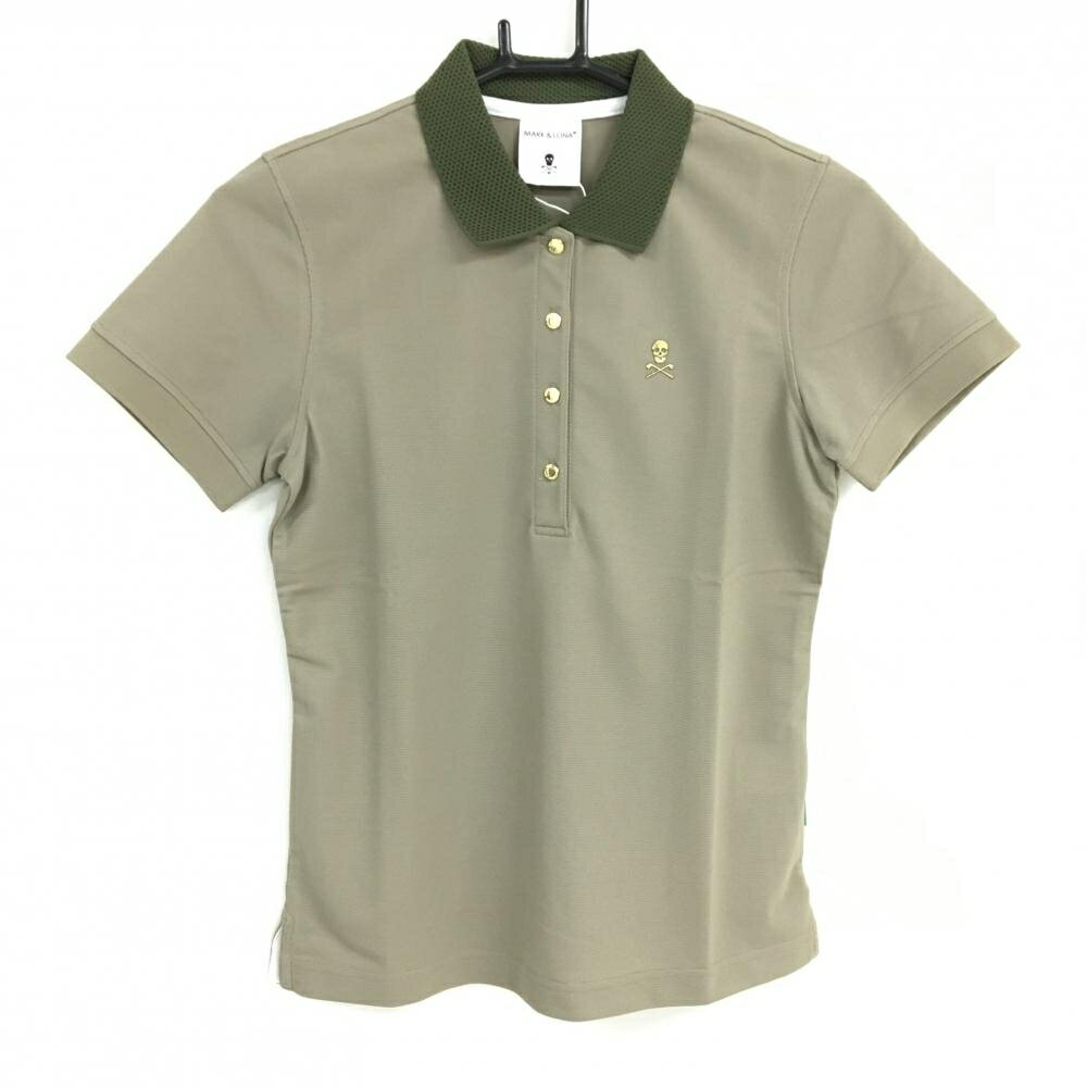 【新品】マークアンドロナ 半袖ポロシャツ カーキ 胸スカルプリント 襟ニット レディース 36(S) ゴルフ..