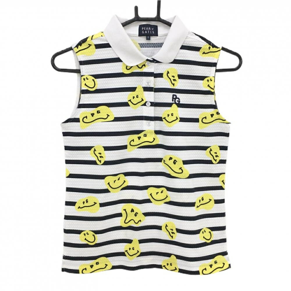 パーリーゲイツ ノースリーブポロシャツ 白×イエロー ボーダー ニコちゃん総柄 レディース 0(S) ゴルフ..