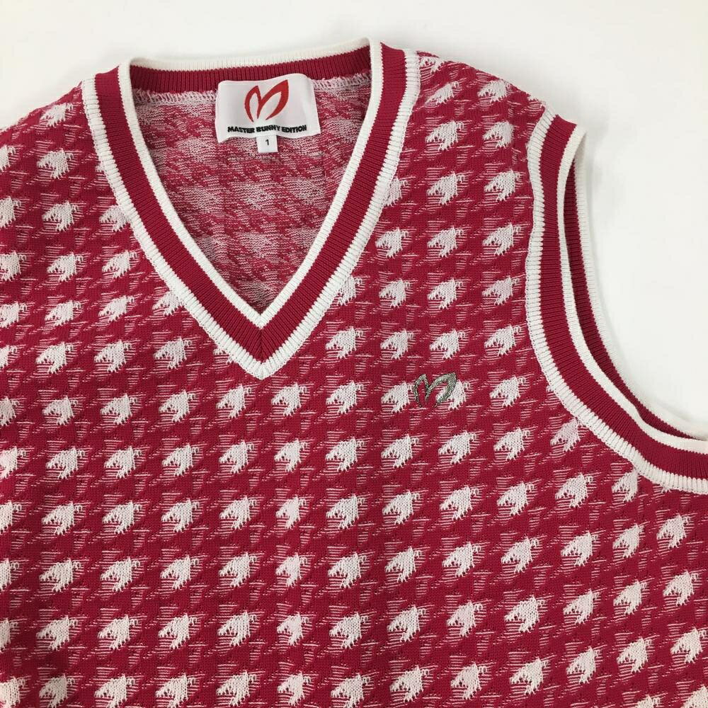 【超美品】マスターバニー ニットベスト レッドピンク×白 Vネック レディース 1(M) ゴルフウェア MASTER BUNNY EDITION