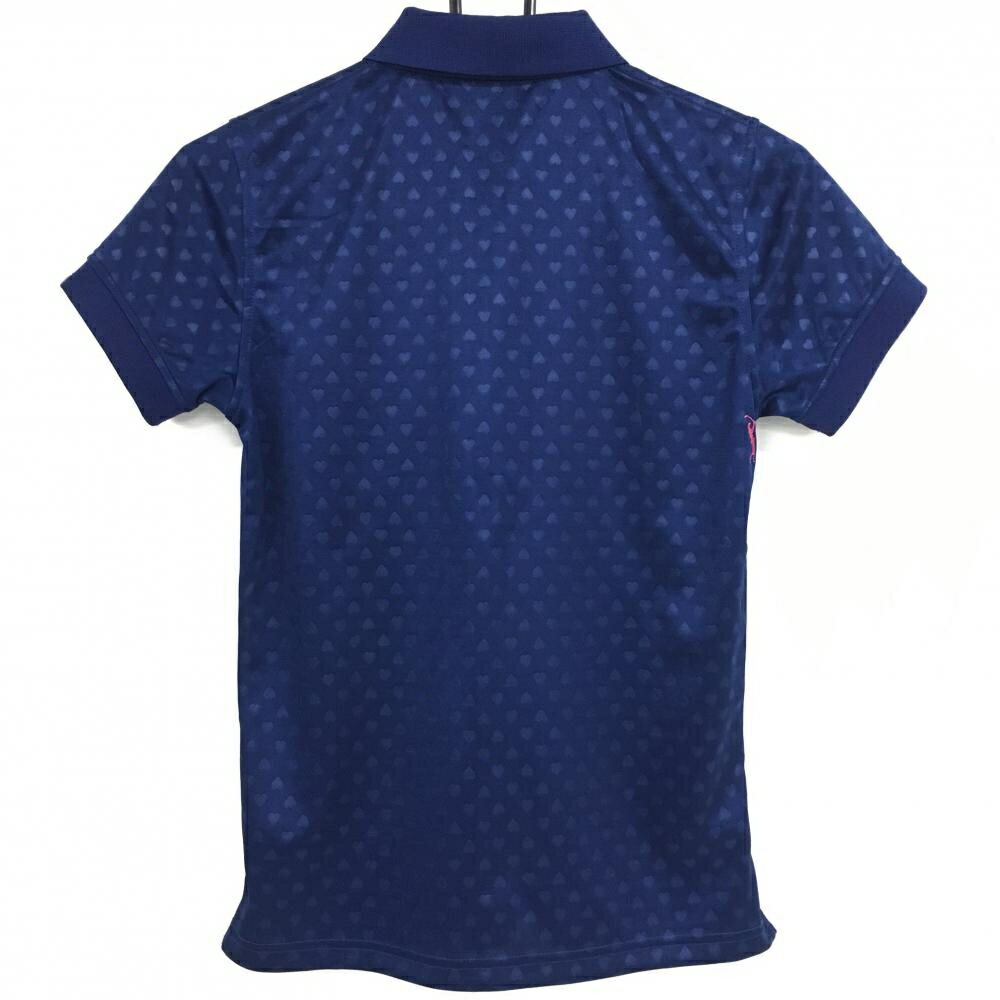 【ポイント10倍！楽天スーパーセール期間限定】【超美品】マークアンドロナ 半袖ポロシャツ ネイビー×ピンク ハート地模様 ラインストーンスカル レディース S ゴルフウェア MARK＆LONA