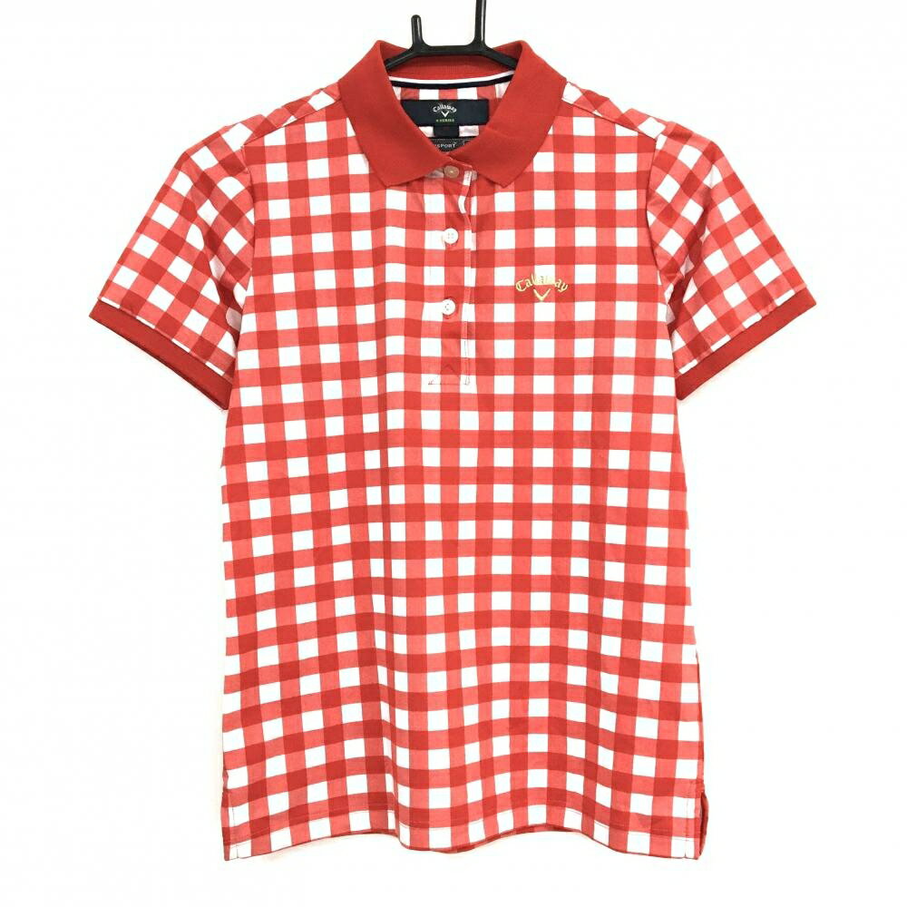 【超美品】キャロウェイ 半袖ポロシャツ レッド×白 チェック ロゴ刺しゅう レディース M ゴルフウェア ..