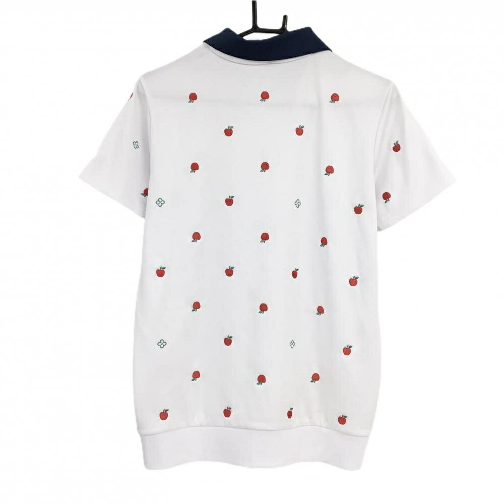 マリクレールスポール 襟付き半袖シャツ 白×ネイビー リンゴ柄 襟着脱可 レディース L ゴルフウェア marie claire