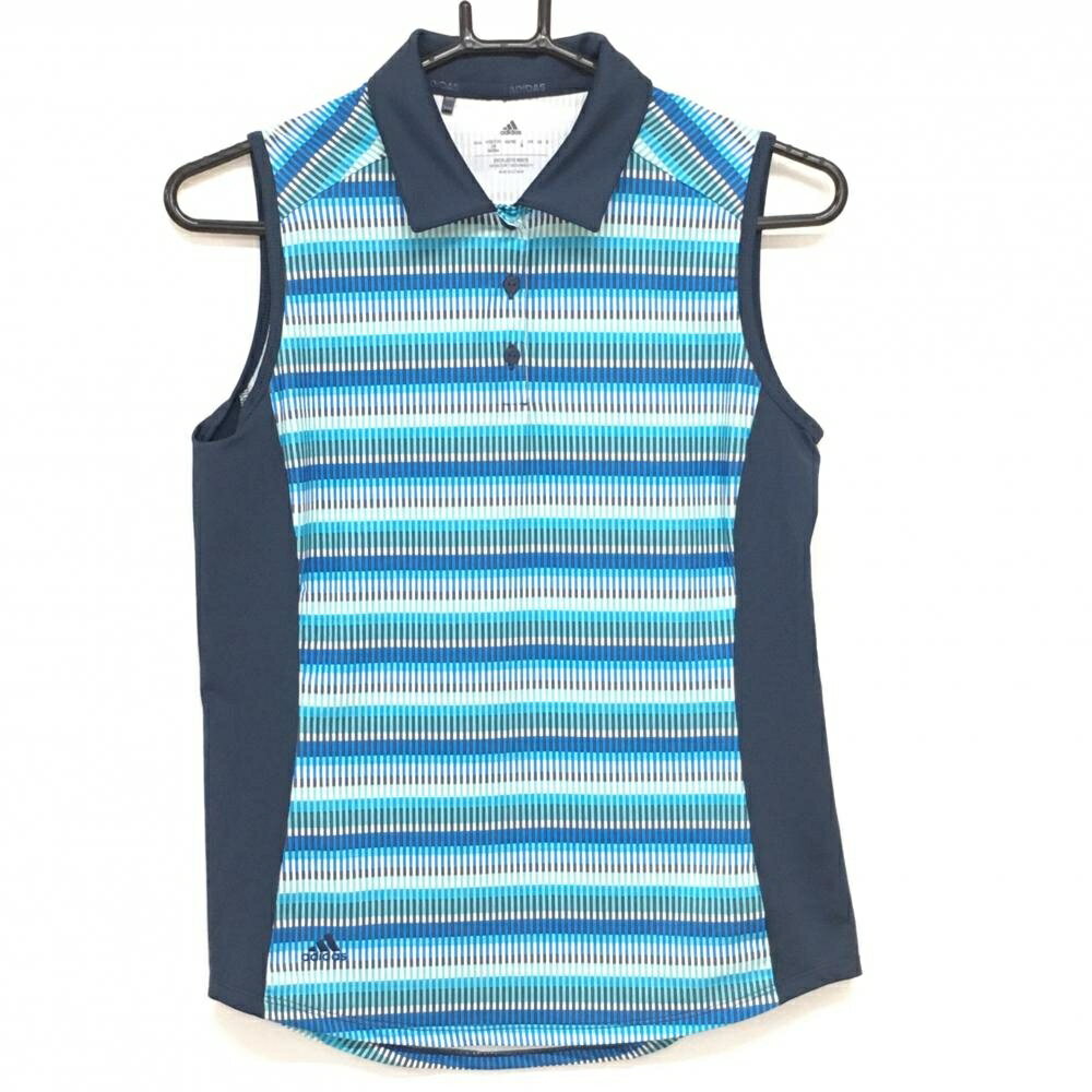 【超美品】アディダス ノースリーブポロシャツ ネイビー×ブルー 総柄 サイド切替 レディース M ゴルフウェア adidas