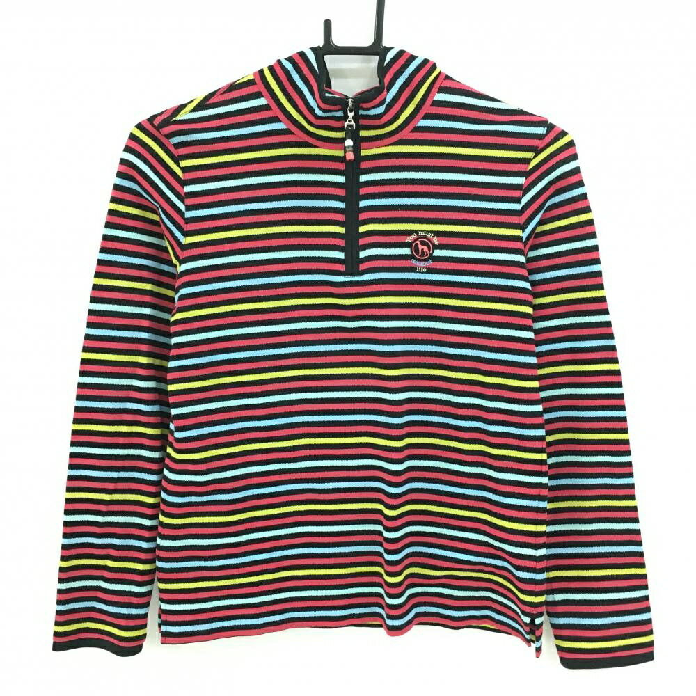 Adabat - 【超美品】アダバット 長袖ハイネックシャツ 黒×マルチカラー ボーダー フード風 ハーフジップ レディース 38(M) ゴルフウェア adabat