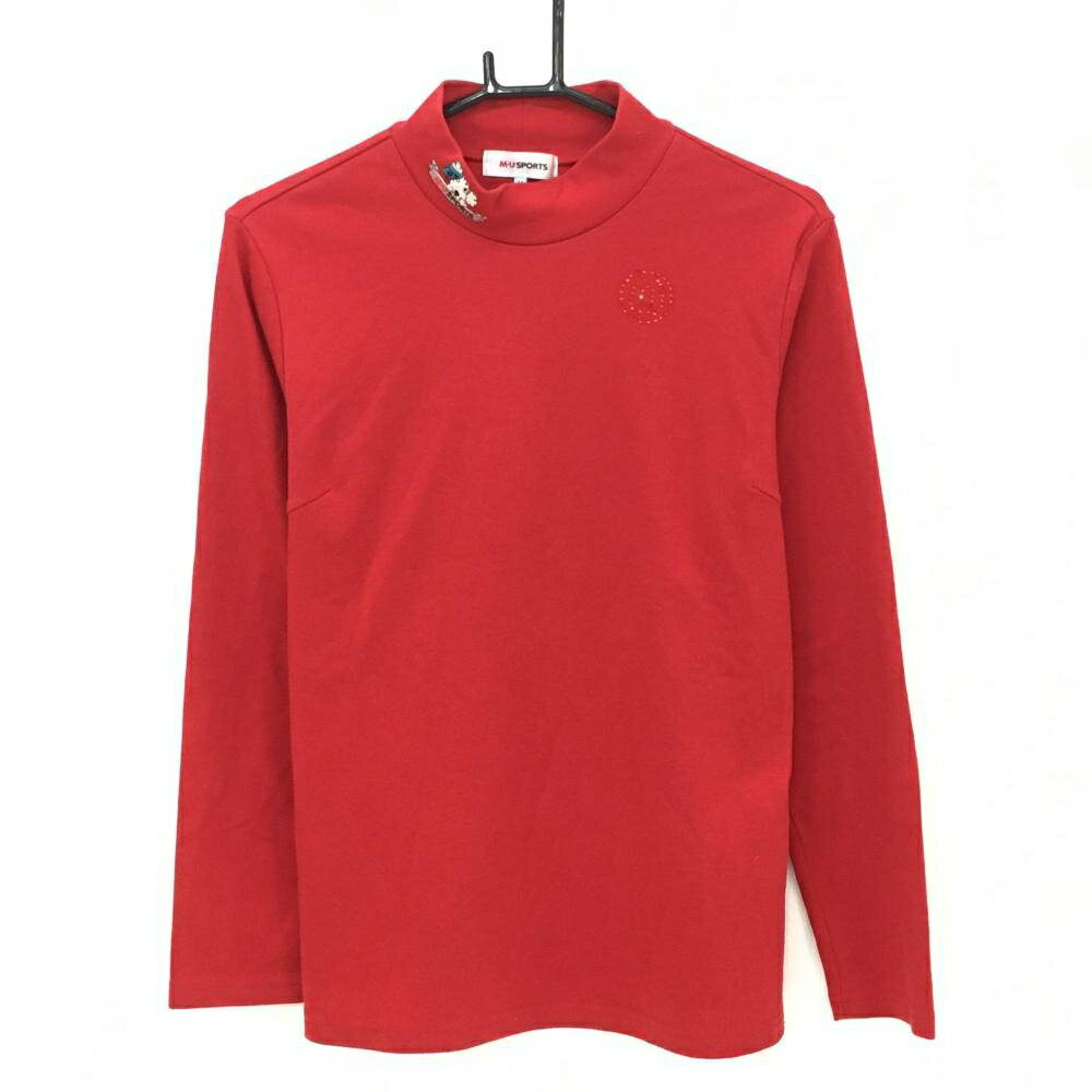 MUスポーツ 長袖ハイネックシャツ レッド ラインストーンロゴ ネック刺しゅう レディース 44(XL) ゴルフウェア M・U SPORTS