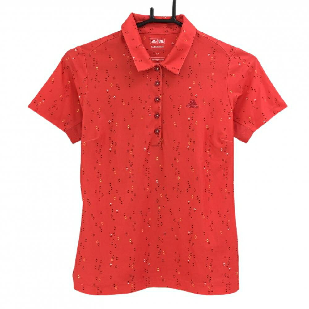 アディダス 半袖ポロシャツ レッド×黒 総柄 総柄 袖下メッシュ レディース S/P ゴルフウェア adidas
