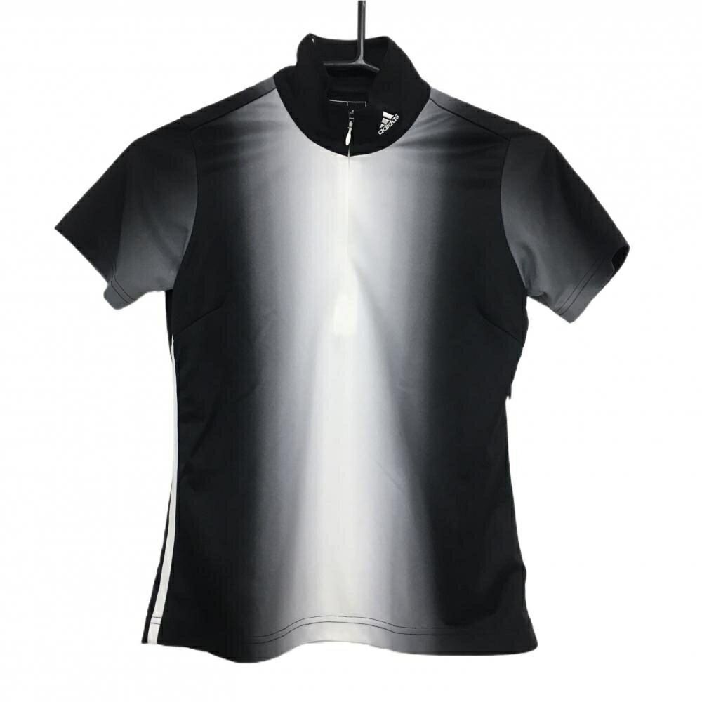 【美品】アディダス 半袖ハイネックシャツ 黒×白 グラデーション ハーフジップ レディース S ゴルフウェア adidas