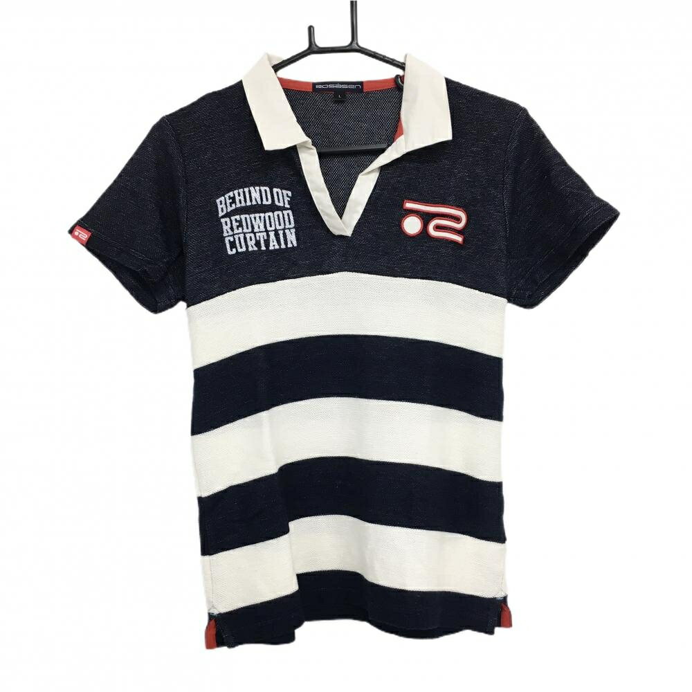 【美品】ロサーセン 半袖スキッパーシャツ ダークネイビー×アイボリー レディース L ゴルフウェア Rosasen